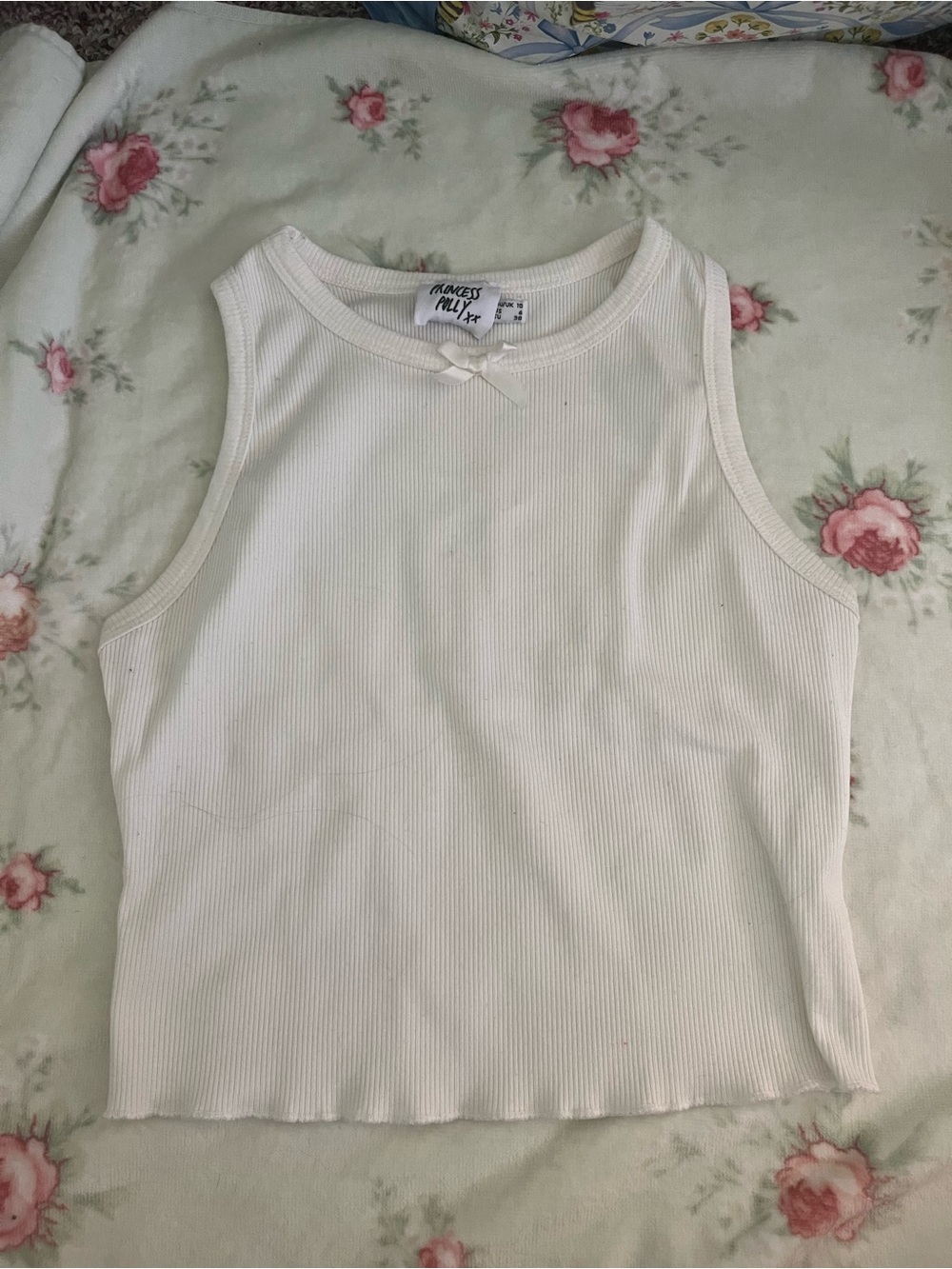 Princess Polly Ivory Ribbed Tank with Bow Trim